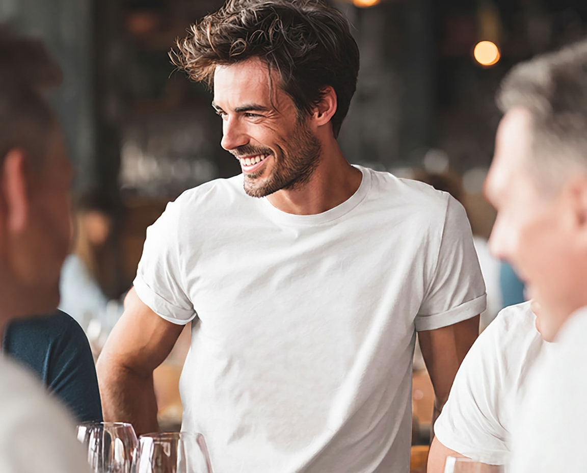 Homem vestindo camiseta branca Aeris em ambiente social contemporâneo
