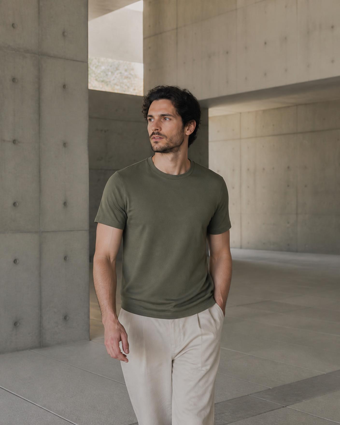 Homem em ambiente contemporâneo vestindo camiseta Aeris